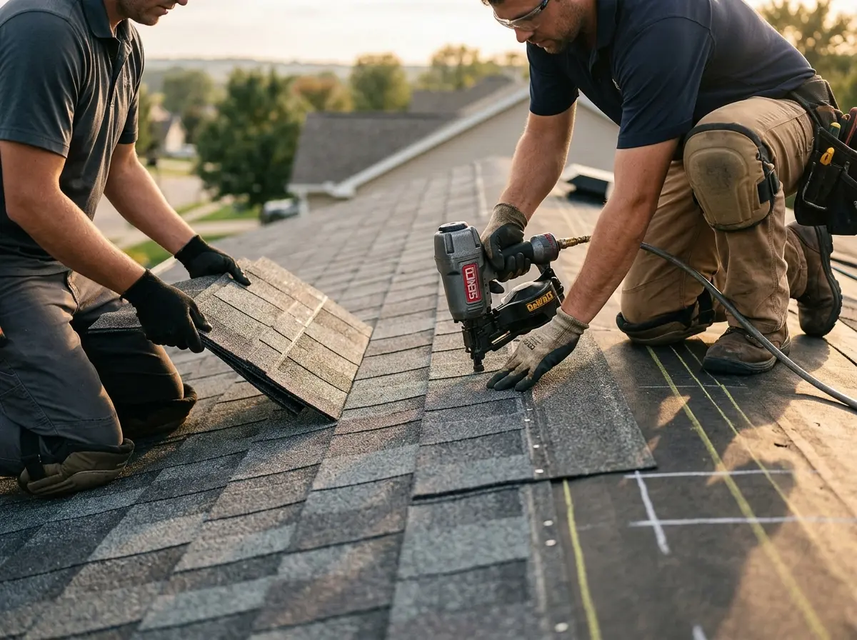 Professional roofer working on a residential roof in Lake San Marcos